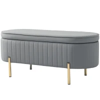 HOMCOM Bancă de Depozitare Ovală 72L cu Capac Rabatabil, din Catifea și Lemn, 108x44x43.5 cm, Gri(m-12)