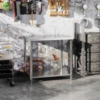 HOMCOM Table de travail en acier inoxydable 2 étagère, pour cuisine, garage, jardin, 90 x 60 x 86 cm, argenté(m-2)