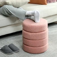 HOMCOM Repose pied salon, tabouret ottoman rond rembourré en peluche Teddy, pour chambre à coucher, entrée, Ø 40 x 45 cm, rose(m-6)