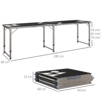 Outsunny Campingtafel, inklapbaar, licht, in hoogte verstelbaar, aluminium frame, 240 x 60 x 54/62/70 cm, Zwart(m-3)