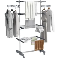 HOMCOM Opvouwbare Wasrek met 5 Niveaus, One-Klik-Systeem, 142 cm x 55 cm x 172 cm, Grijs + Zilver(m-11)