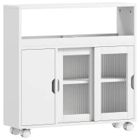 HOMCOM Mobile per Bagno a Rotelle in Legno con Spazio Aperto, Ripiani Regolabili e Ante in Vetro, 71x20x70 cm, Bianco(m-1)
