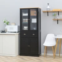 HOMCOM Buffet meuble cuisine rangement armoire de cuisine 4 portes dont 2 portes vitrées et 1 tiroir étagères réglables - noir(m-2)