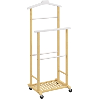 HOMCOM Valet de chambre à roulettes, portant à vêtements en bambou avec cintre intégré, tiges à pantalons et étagère, naturel