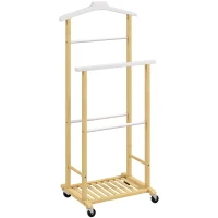 HOMCOM Valet de chambre à roulettes, portant à vêtements en bambou avec cintre intégré, tiges à pantalons et étagère, naturel(m-1)