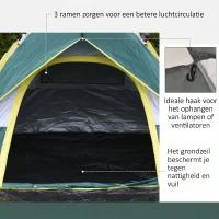 Outsunny tent voor 3-4 personen, kampeertent met haringen, koepeltent, polyester, groen(m-6)