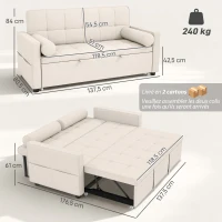 HOMCOM Canapé convertible 2 places 3 en 1 canapé-lit avec lit gigogne double dossier réglable 2 coussins 80,5x137,5x84cm beige(m-3)