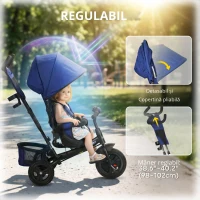 HOMCOM Triciclu pentru Copii, Bicicletă pentru Copii, Coș Spate, Suport pentru Pahar, Umbrelă, Metal, Albastru închis(m-6)
