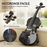 HOMCOM Violon 4/4 Ensemble de Violon en Bois Massif pour Adultes et Débutants avec Étui Léger et Portable 60 x 21 cm Noir(m-7)
