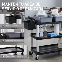 HOMCOM Carro de Limpieza con Ruedas con 3 Estantes 2 Contenedores y Cubo Lateral Colgante Carga 100 kg Negro(m-4)