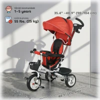 HOMCOM Tricicletă pentru copii 6-in-1 cu Mâner de Împingere, Terasă, Centură, Coș, 18+ Luni, Roșu(m-3)
