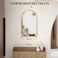 HOMCOM Miroir mural arche, 110 x 65 cm Cadre en bois, Miroir arqué pour le salon, la chambre, l'entrée, bois naturel(m-6)