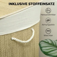 HOMCOM Bambus Wäschekorb mit Deckel 3 Fächer 144L Wäschesammler mit Seilgriffen, herausnehmbarer Wäschesack(m-7)