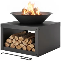 Outsunny Vuurschaal Ø59 cm met houtopslag, pookhaak, geschikt voor hout en houtskool, rond, zwart(m-14)
