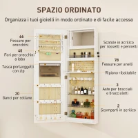 HOMCOM Armadietto Portagioie da Parete o Porta con Specchio Interno e Luci LED, con Serratura e Chiave, Tasca con Zip, Bianco(m-6)