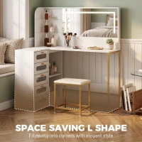 HOMCOM Dressing Table with LED Mirror and Stool, L-Shaped Vanity Desk with Drawers and Shelves, White(m-6)