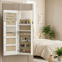 HOMCOM Armadietto Portagioie da Parete o Porta con Specchio Interno e Luci LED, con Serratura e Chiave, Tasca con Zip, Bianco(m-8)