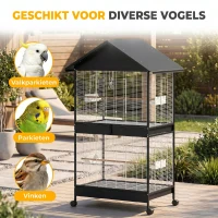 PawHut Grote vogelvolière met uitneembare scheidingswand, 2 deuren, 4 houten zitstokken, wielen, 2 lades en 6 voerbakjes, XXL(m-9)