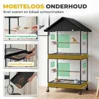 PawHut Grote vogelvolière met uitneembare scheidingswand, 2 deuren, 4 houten zitstokken, wielen, 2 lades en 6 voerbakjes, XXL(m-7)