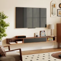 HOMCOM Mueble TV Suspendido para Televisor de hasta 190,5 cm con Cajón Abatible 2 Estantes 180x24x16 cm Nogal(m-5)