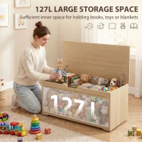 HOMCOM 127L Home Storage Box, with Safety Hinges - Nature Wood Finish(m-4)