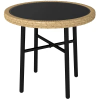 Outsunny Table Basse Ronde de Jardin, Table d'Appoint Exterieur en Résine Tressée et Plateau en Verre Trempé, 46x46x43cm, Naturel(m-1)
