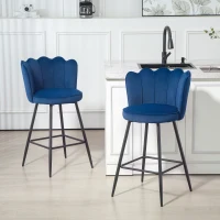 HOMCOM Set of Two Velvet-Feel Lotus Bar Stools - Dark Blue(m-10)