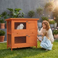 PawHut dwergkonijnenhok dubbellaags 90cm x 45cm x 90cm weerbestendig dennenhout(m-2)