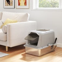 PawHut Maison de Toilette pour Chat Bac à Litière Fermé Bac Acier Inoxydable, Nettoyage Facile, 60,4x40,4x41,8cm, Gris Clair(m-2)