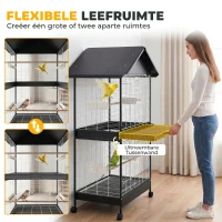 PawHut Grote vogelvolière met uitneembare scheidingswand, 2 deuren, 4 houten zitstokken, wielen, 2 lades en 6 voerbakjes, XXL(m-4)