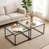 HOMCOM Couchtische 2er-Set Satztisch mit gehärteter Glasplatte und Metallrahmen, für Wohnzimmer Schwarz(m-9)