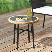 Outsunny Table Basse Ronde de Jardin, Table d'Appoint Exterieur en Résine Tressée et Plateau en Verre Trempé, 46x46x43cm, Naturel(m-9)