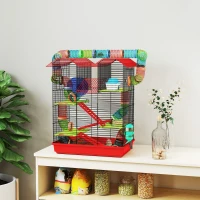 PawHut Jaula para Hámster de 5 Niveles 47x30x59 cm con Túnel Comedero Bebedero Casita Rueda de Ejercicio Escaleras Rojo(m-2)