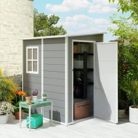 Outsunny 4 x 5FT Plastic Garden Shed with Floor, Lean to Shed, Lockable Tool Storage House with Window, Vent and Plastic Roof, Grey(m-10)