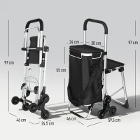 HOMCOM Cărucior de Cumpărături din Aluminiu cu Geantă de 40L Impermeabilă și Scaun, 46x59.5x97 cm, Negru și Argintiu(m-3)