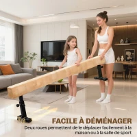 HOMCOM Poutre de Gymnastique 226 cm Antidérapant, Hauteurs Réglable, avec Roulettes, en Acier et Bois Massif, Marron(m-6)
