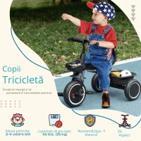 AIYAPLAY Tricicleta pentru copii evolutivă cu șezut reglabil pedale 2 coșuri centură pentru copii de la 2 la 5 ani negru(m-6)