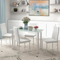 HOMCOM Ensemble de table à manger avec 4 chaises plateau en verre trempé, pieds en acier, pour cuisine salon blanc(m-2)