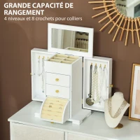 HOMCOM Boîte à Bijoux Femme à 4 Niveaux, Coffre à Bijoux en Bois avec Ailes, Miroir et 2 Tiroirs, 26,5x16 x33,5 cm, Blanc(m-4)