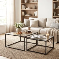 HOMCOM Couchtische 2er-Set Satztisch mit gehärteter Glasplatte und Metallrahmen, für Wohnzimmer Schwarz(m-8)