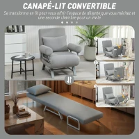 HOMCOM Fauteuil Convertible 1 Place, Fauteuil-Lit Pliable Rembourré en Lin avec Dossier Réglable, Oreiller, Gris Clair(m-4)
