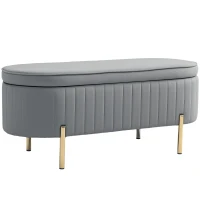 HOMCOM Bancă de Depozitare Ovală 72L cu Capac Rabatabil, din Catifea și Lemn, 108x44x43.5 cm, Gri(m-11)