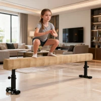 HOMCOM Poutre de Gymnastique 226 cm Antidérapant, Hauteurs Réglable, avec Roulettes, en Acier et Bois Massif, Marron(m-8)