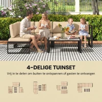 Outsunny 4-delige tuinmeubelset, sofaset met 2 tweezitsbanken, stoel zonder armleuningen en salontafel, voor balkon, khaki(m-4)