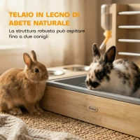 PawHut Mangiatoia per Conigli in Legno con Portafieno, Ciotola in Acciaio e Serbatoio Acqua, 58x40x32 cm, color Legno(m-6)