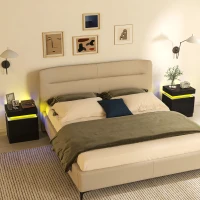 HOMCOM Set 2 Comodini LED a 16 Colori e 4 Modalità con 2 Cassetti, in Legno, 45x35x52 cm, Nero(m-10)