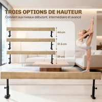 HOMCOM Poutre de Gymnastique 226 cm Antidérapant, Hauteurs Réglable, avec Roulettes, en Acier et Bois Massif, Marron(m-5)