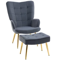 HOMCOM Fauteuil avec repose-pied, fauteuil salon capitonné avec dossier haut, pieds en acier doré et tissu velours, gris foncé(m-11)