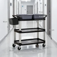 HOMCOM Carro de Limpieza con Ruedas con 3 Estantes 2 Contenedores y Cubo Lateral Colgante Carga 100 kg Negro(m-3)