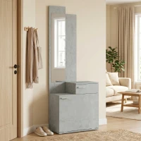 HOMCOM Ensemble meuble d'entrée avec meuble à chaussures abattant, vestiaire avec miroir, tiroir et plateau, gris(m-2)